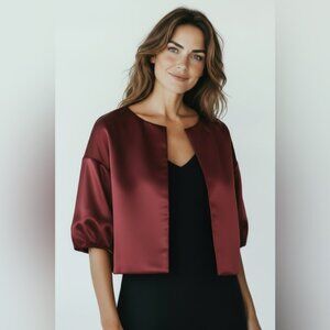 NWOT BCBGMaxAzria‎ Red Burgundy Satin Puff sleeve Evening CapeJacket Top Small